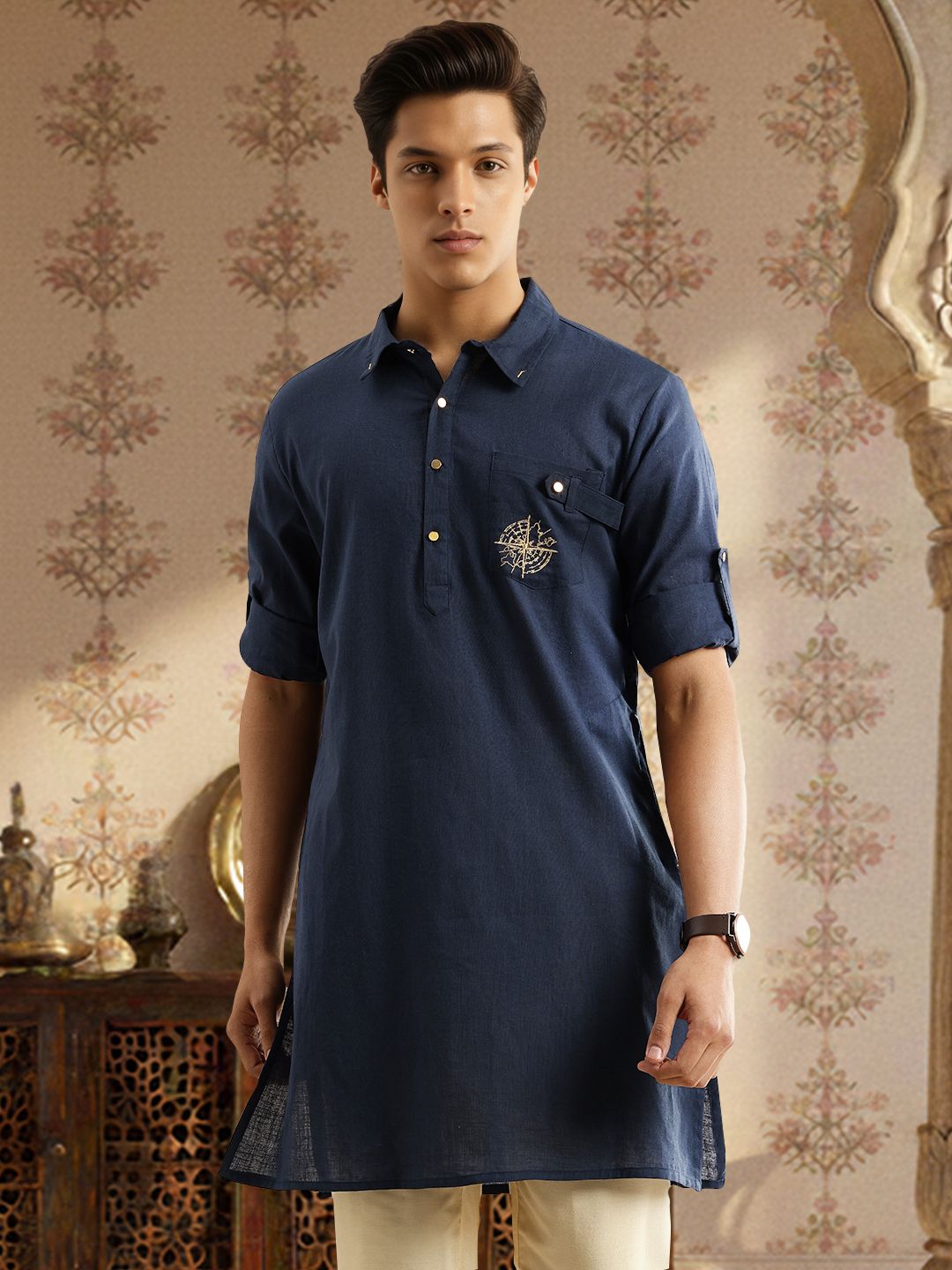 House of Pataudi Shirt Collar Roll-Up Sleeves Thread Work Detail Pure Cotton Jashn Kurta