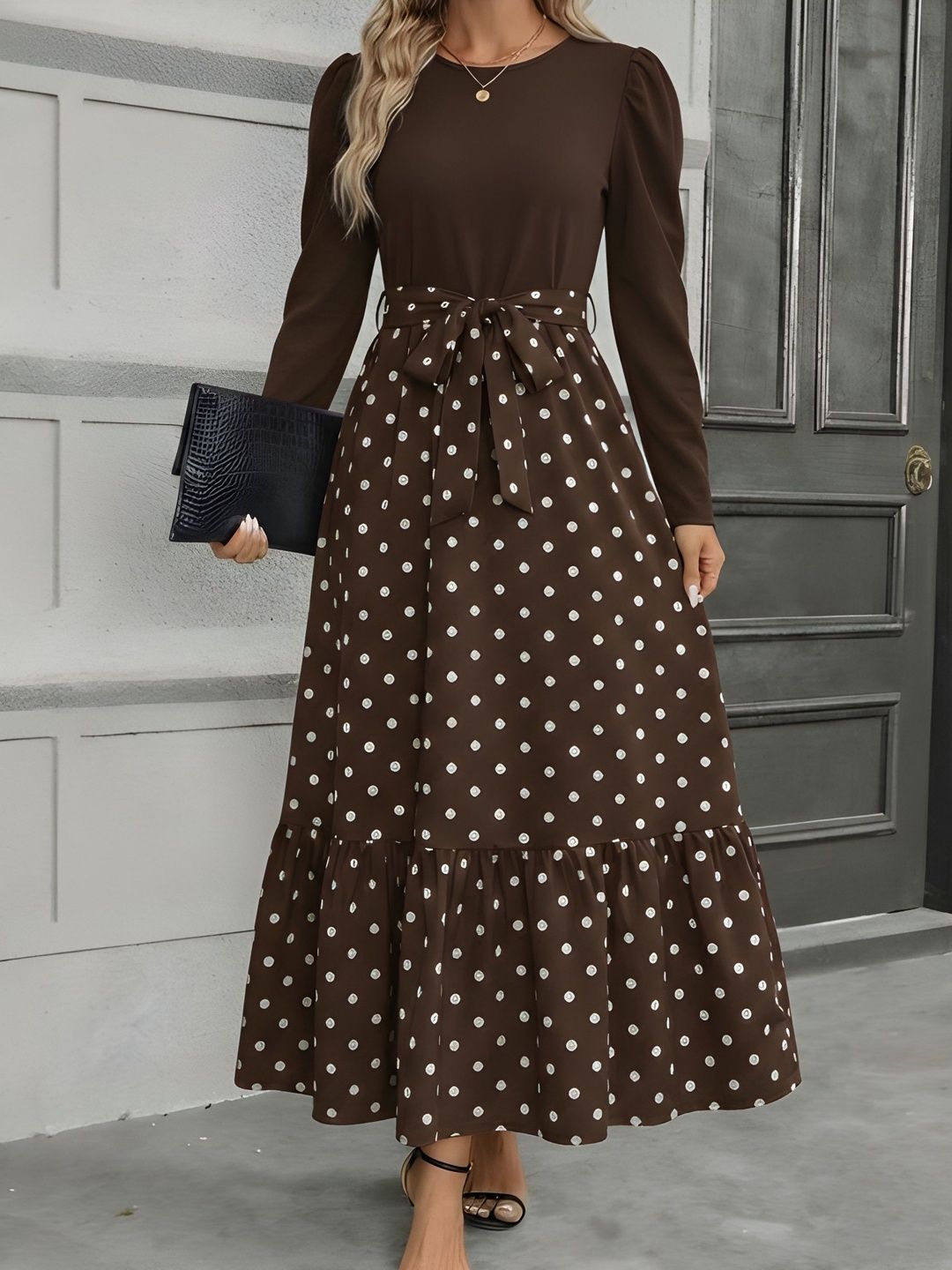 AmorLuxe Polka Dot Print Puff Sleeve A-Line Maxi Dress