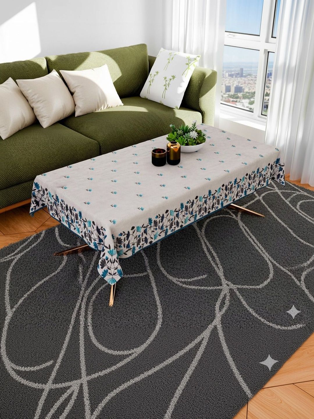 zukiodecor White Floral 4-Seater Table Cover with Embroidered details