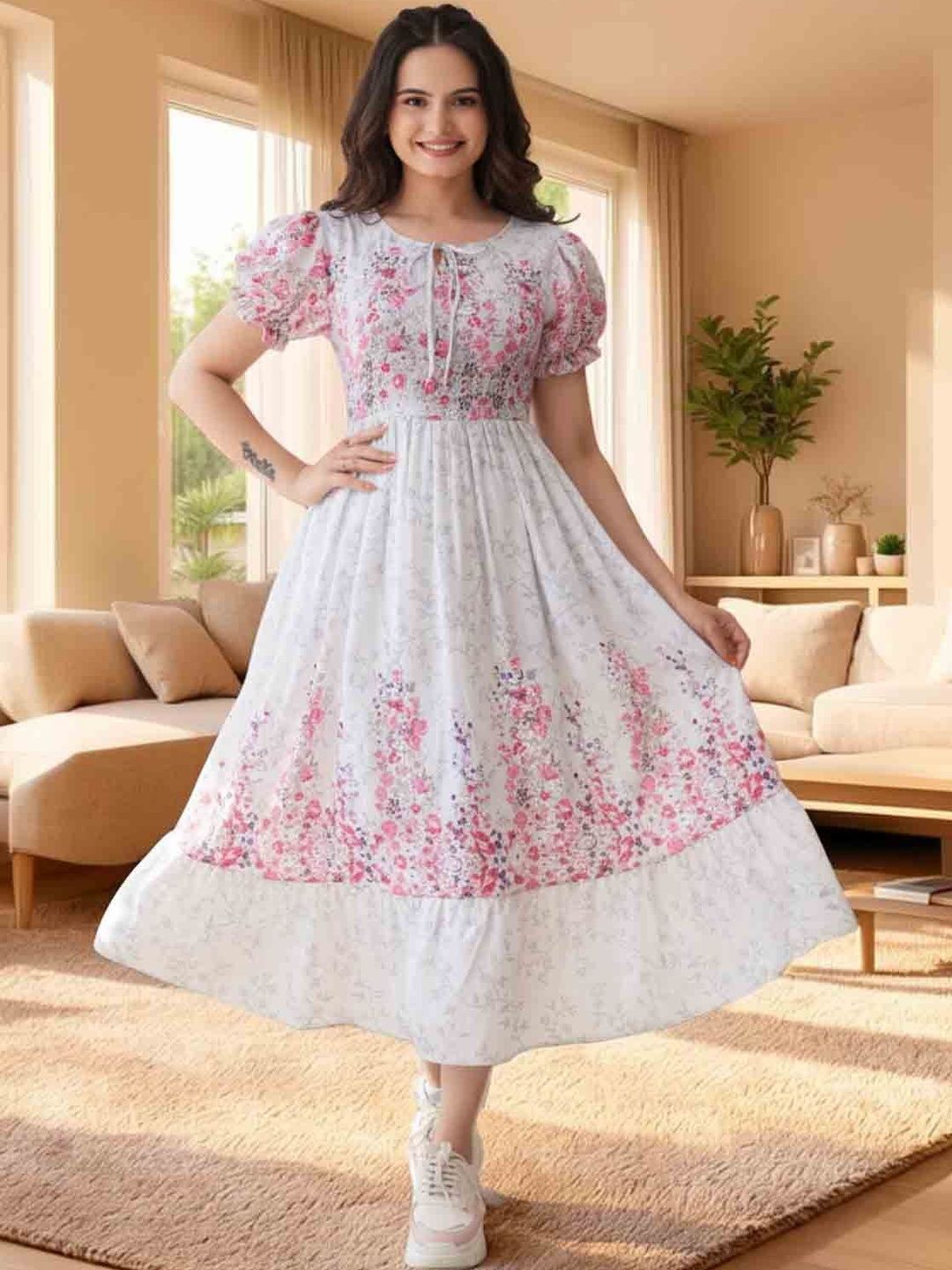QENA Floral Print Puff Sleeve A-Line Midi Dress