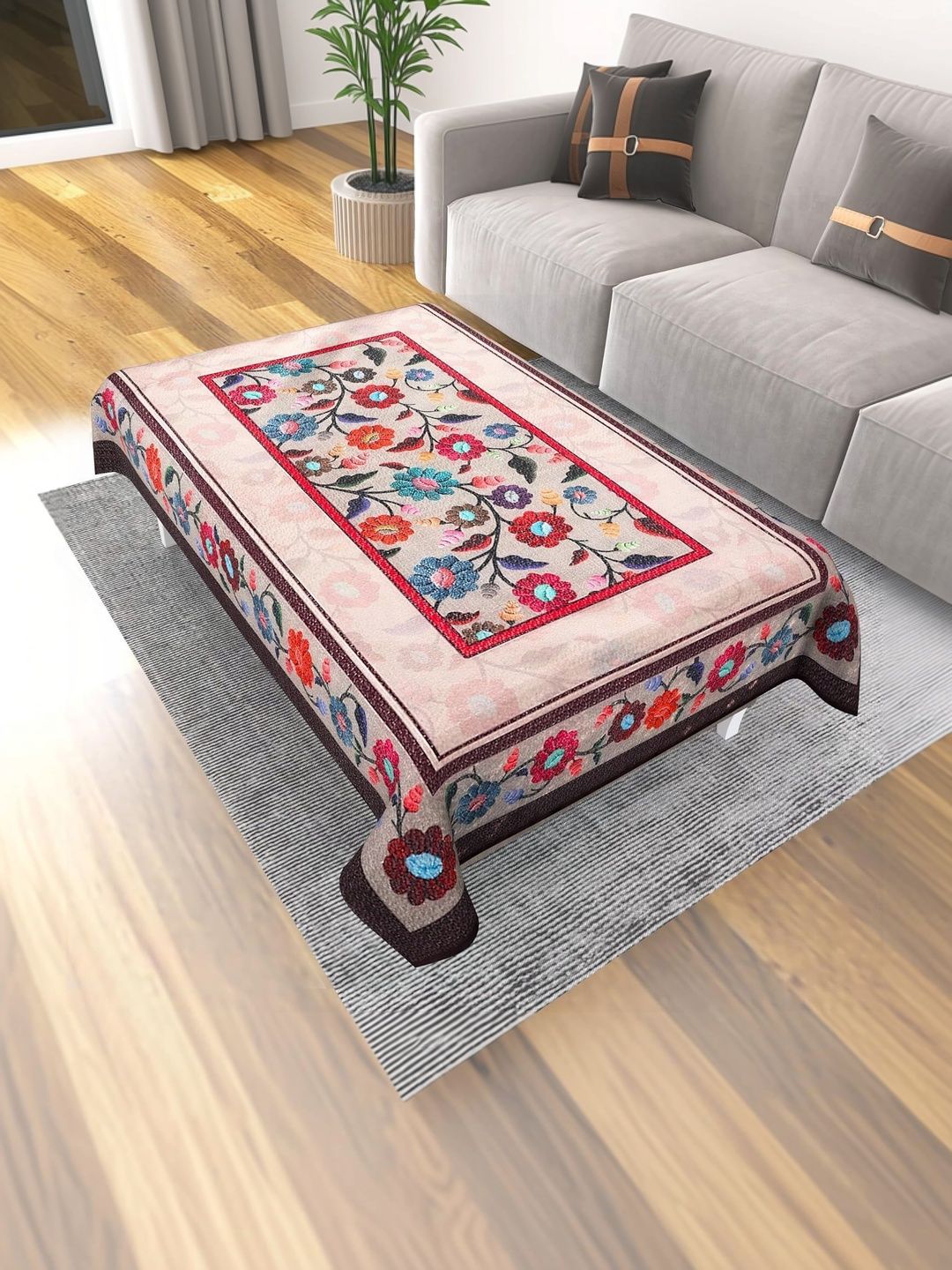 zukiodecor Multicoloured Floral 4-Seater Table Cover with Embroidered details