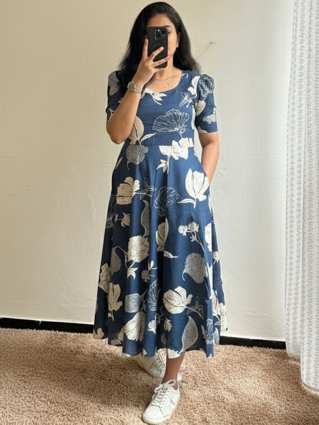CORSICA Floral Print Puff Sleeve A-Line Midi Dress