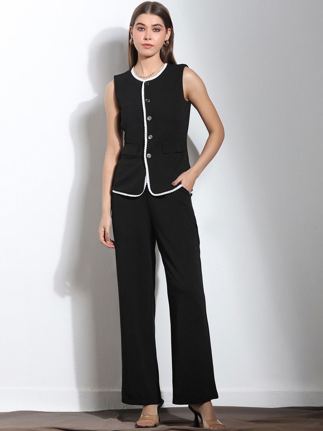 Selvia Lace Detail Solid Vest Top with Trousers