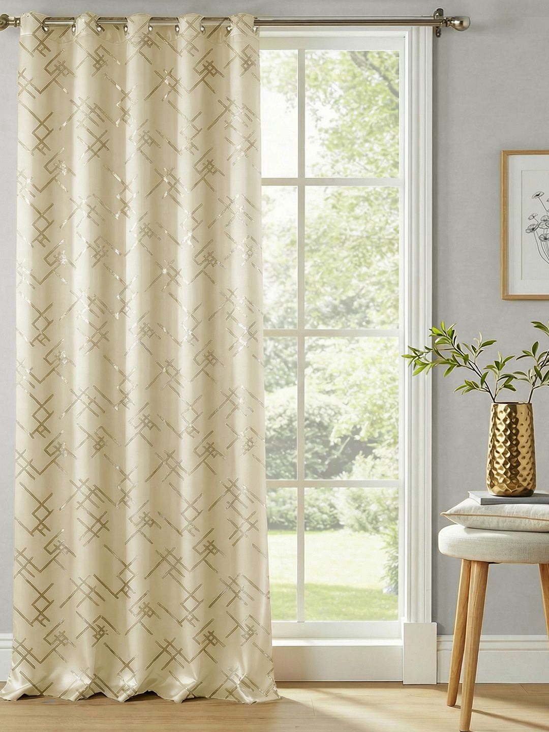 URBAN SPACE Criss cross Beige Gold Foil Blackout Window Curtain