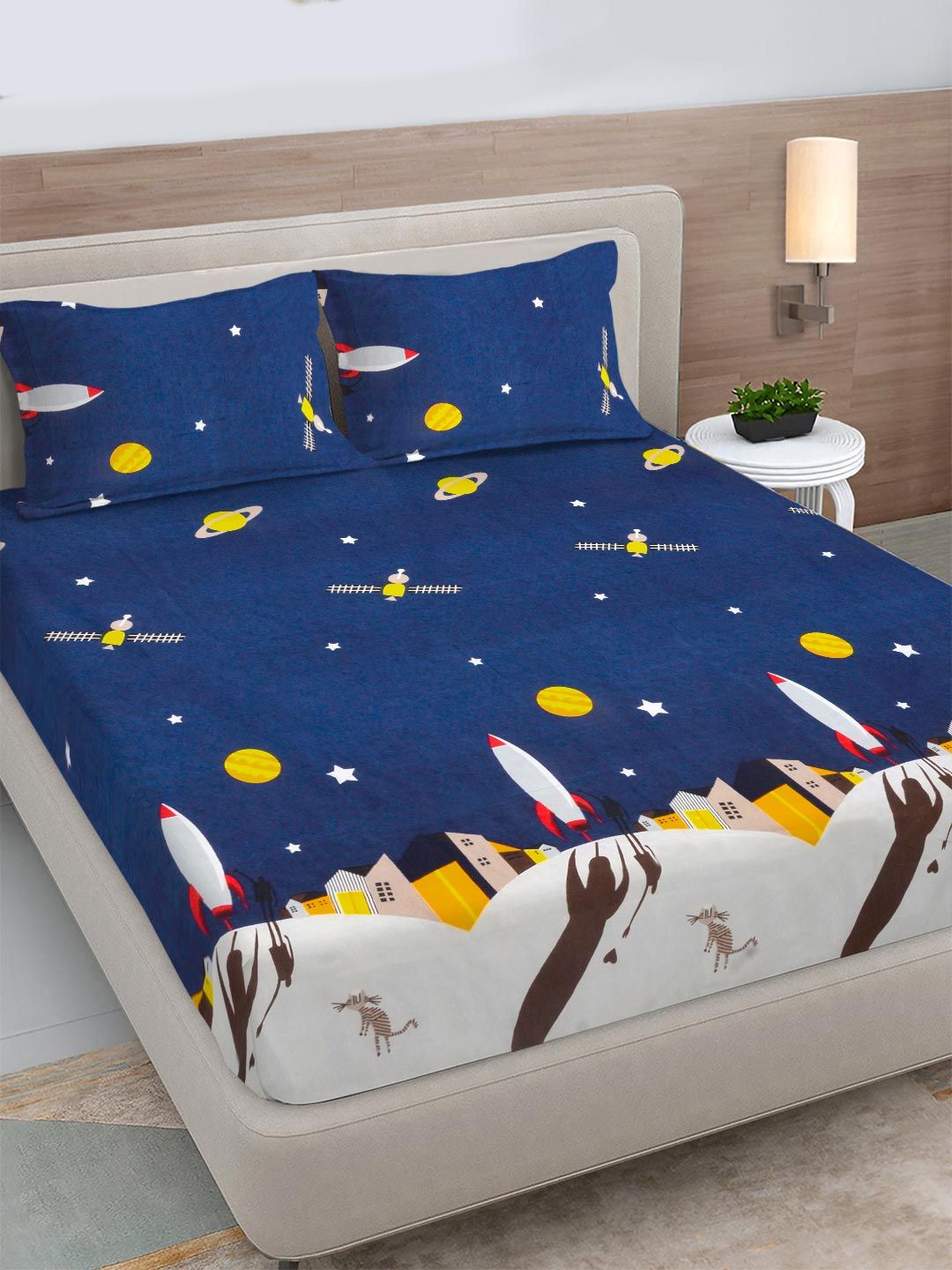 FABINALIV Blue Cartoon Print Polycotton 300 TC Fitted King Bedsheet with 2 Pillow Covers