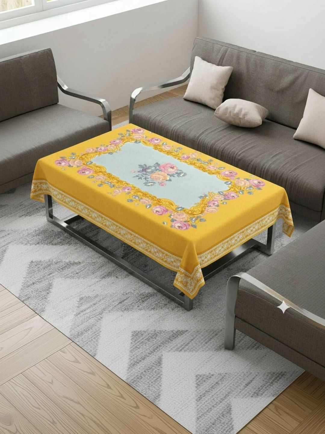 zukiodecor Yellow Floral 4-Seater Table Cover