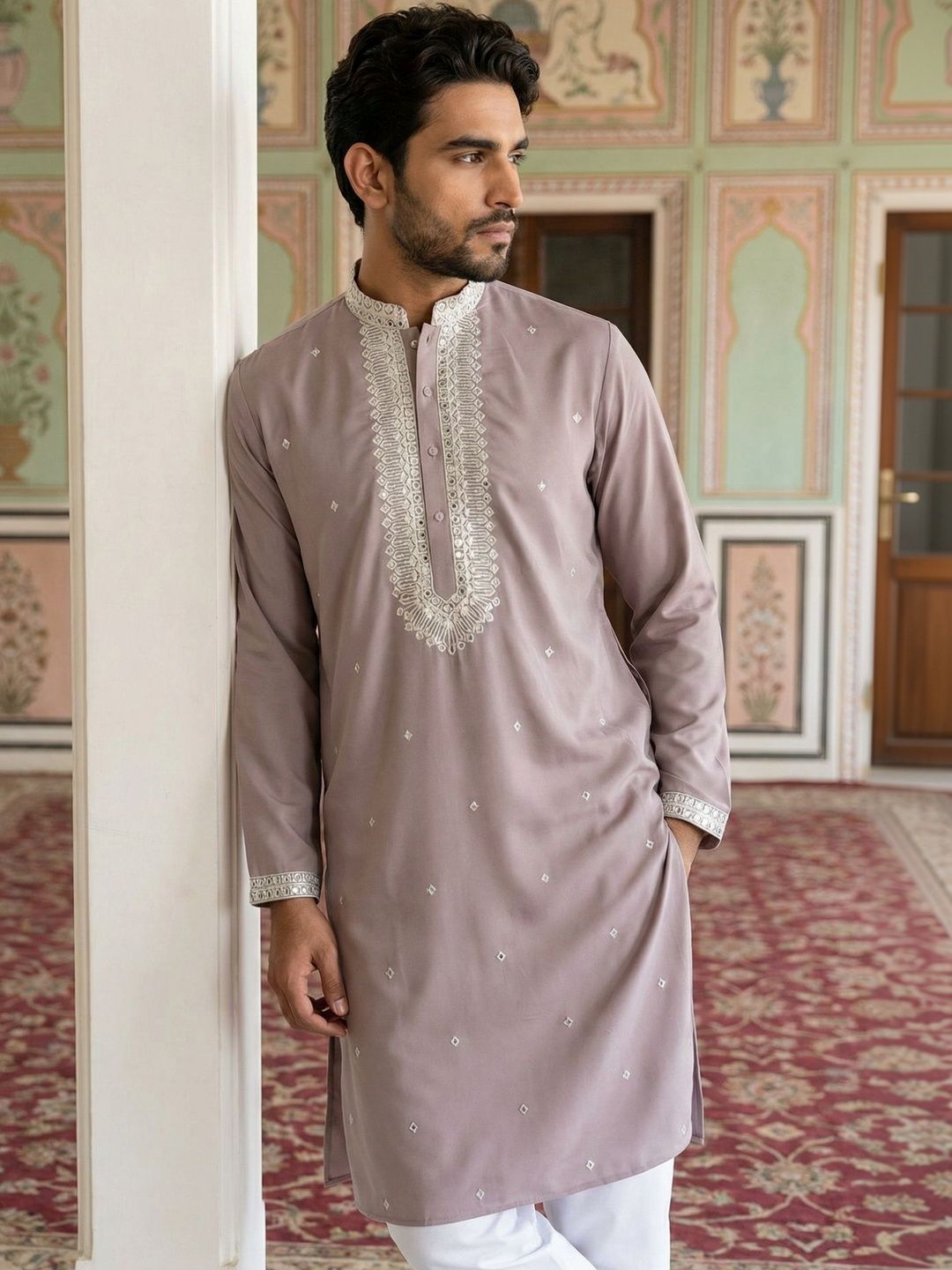 Jompers Men Geometric Embroidered Chikankari Kurta