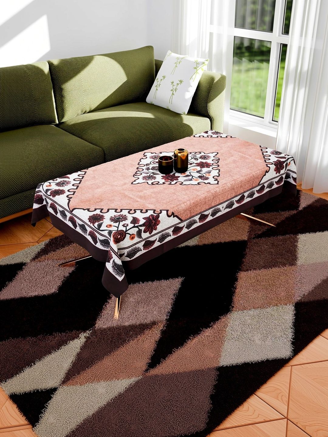 zukiodecor Peach-Coloured Floral 4-Seater Table Cover