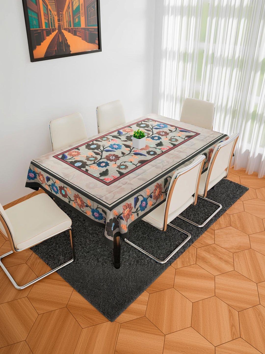 zukiodecor Multicoloured Floral 6-Seater Table Cover with Embroidered details