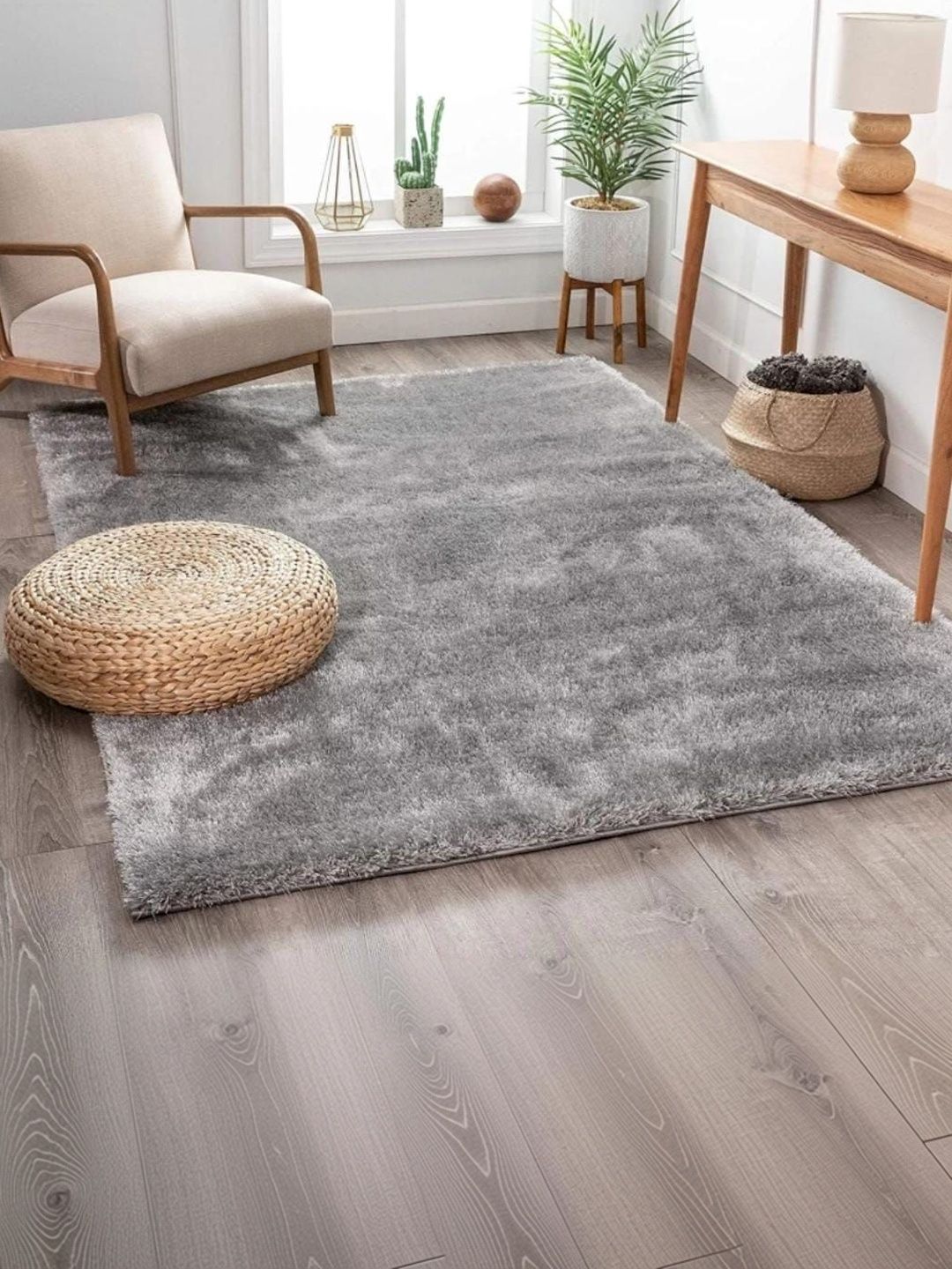 KAYNAT CARPET KAYNAT CARPET Silver-Toned Solid Shaggy Polyester Carpet