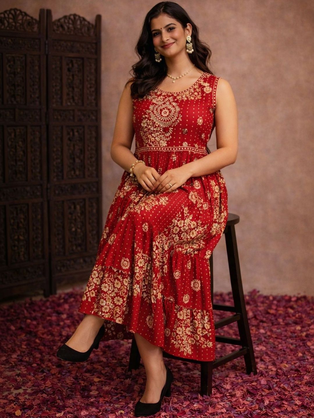 Sangria Printed Cotton Round Neck Fit & Flare Midi Dress