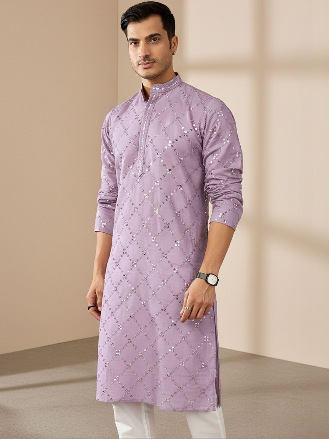 RANGRAAG Geometric Embroidered Mandarin Collar Kurta