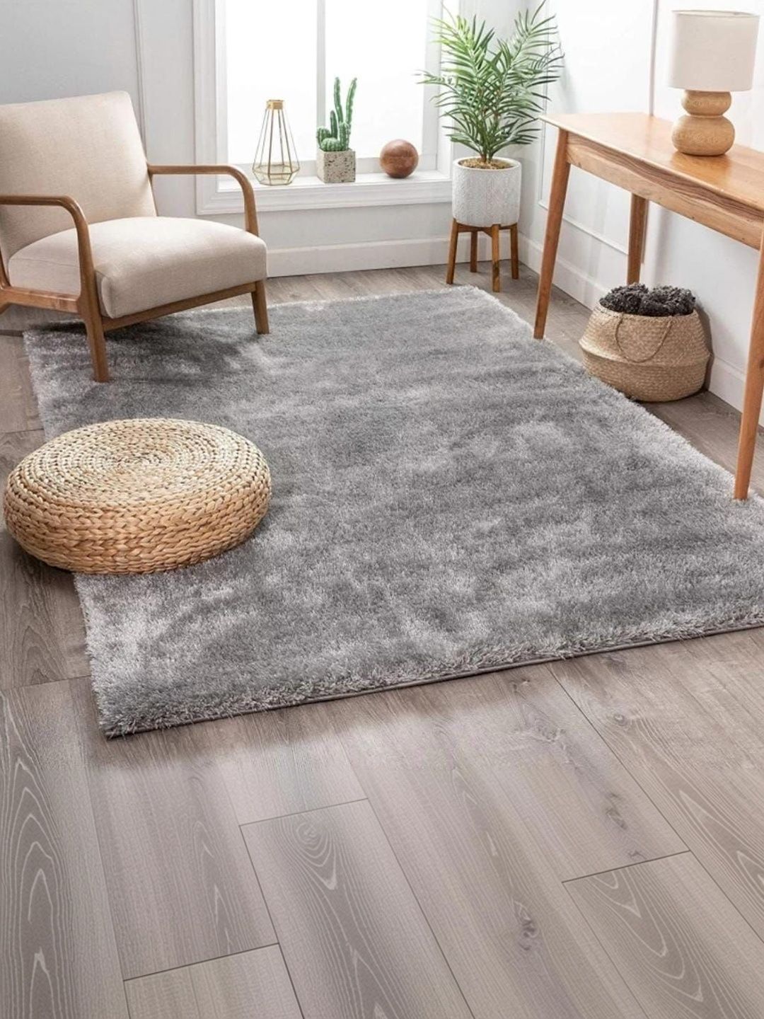 KAYNAT CARPET KAYNAT CARPET Silver-Toned Solid Shaggy Nylon Carpet