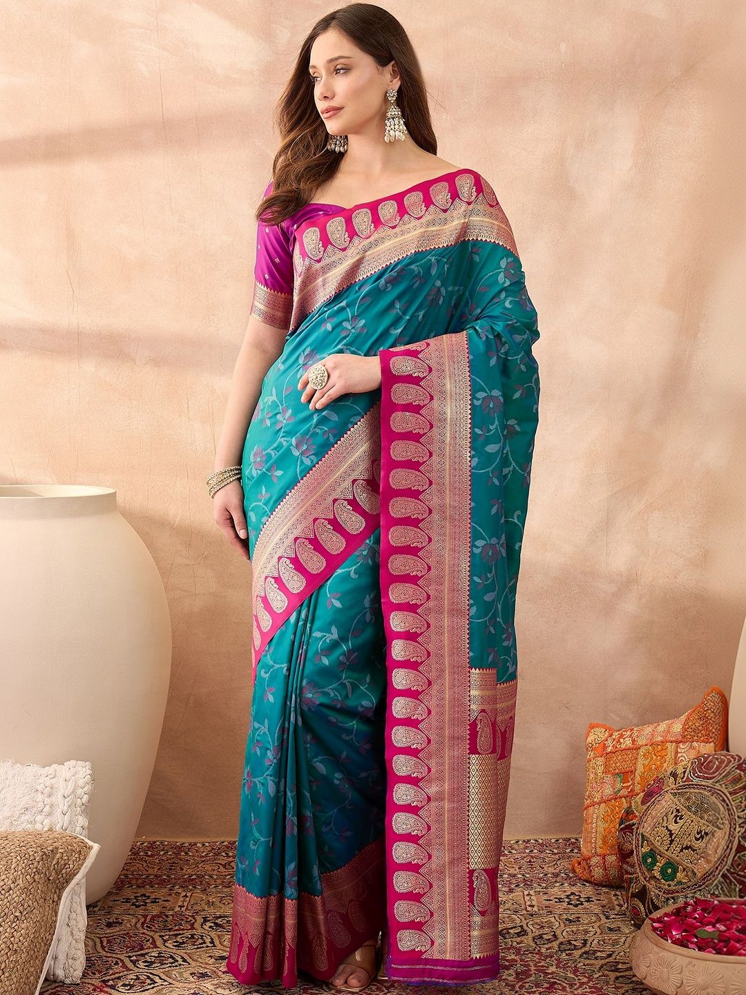 House of Pataudi Woven Design Banarasi Sarees With Unstitched Blouse