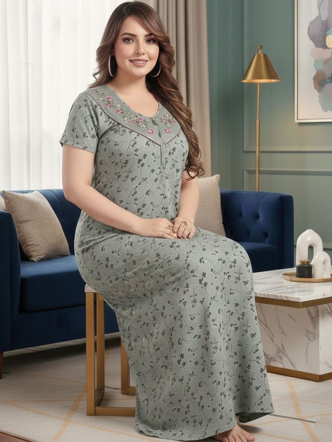 SENSLIFE SENSLIFE Hosiery Cotton Mix Printed Nightdress Long Nighty