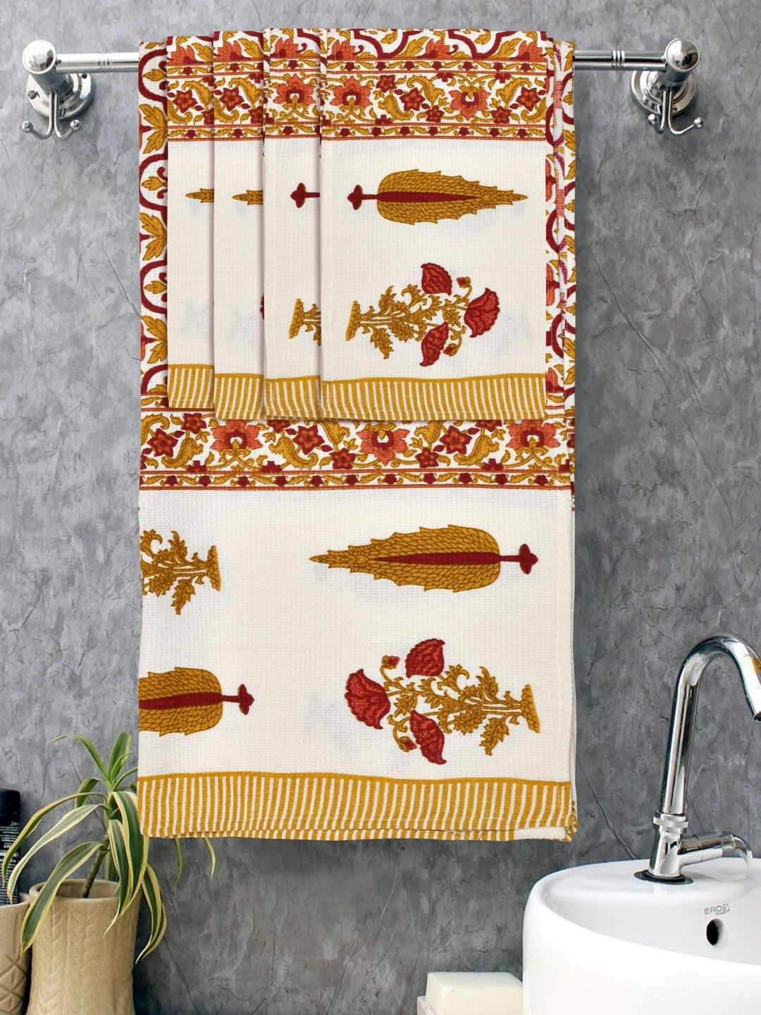 MAFATLAL White & Red 5 Piece Printed Cotton 250 GSM Towel Set