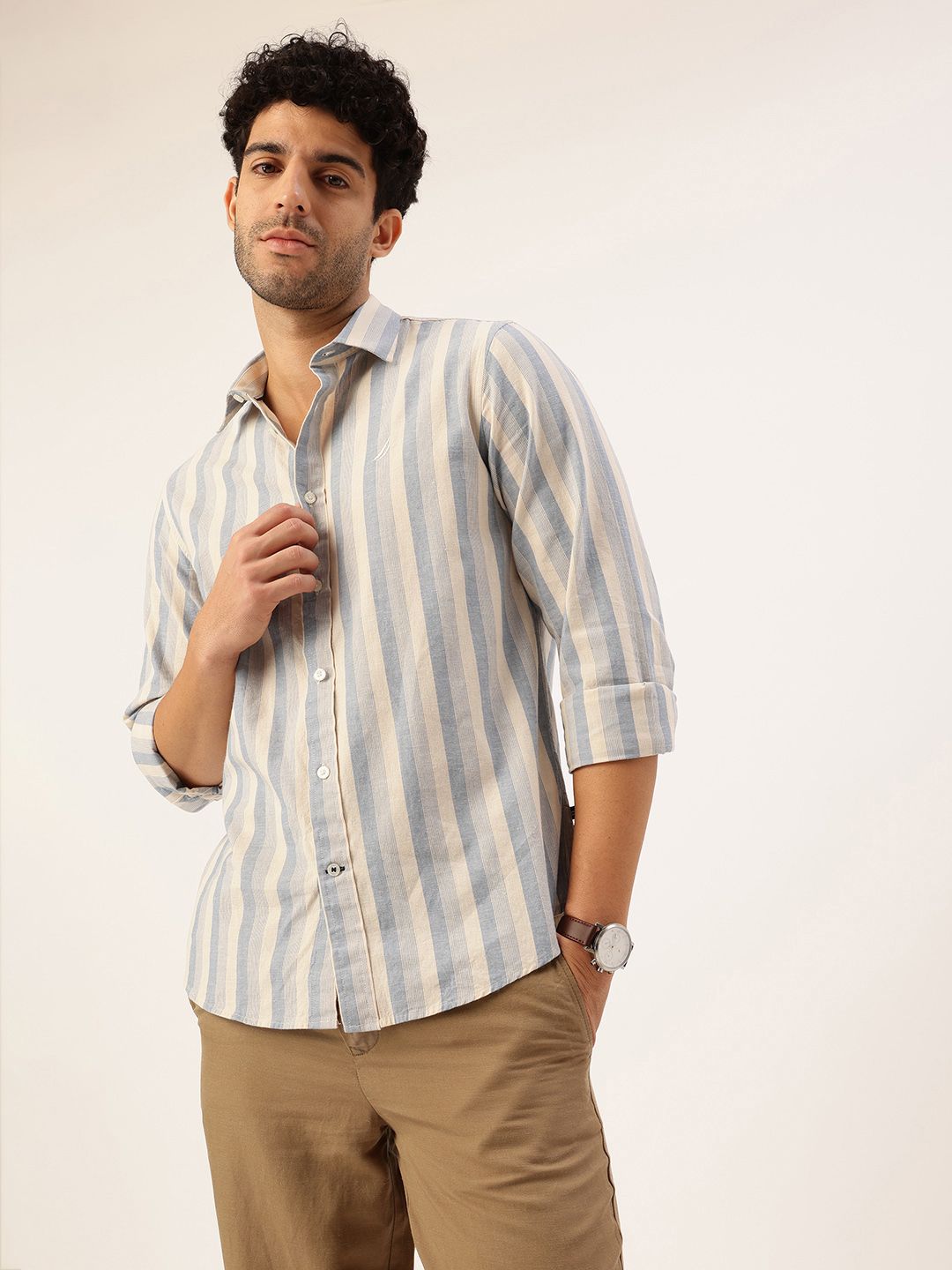 Nautica Cotton-Linen Slim Fit Striped Casual Shirt