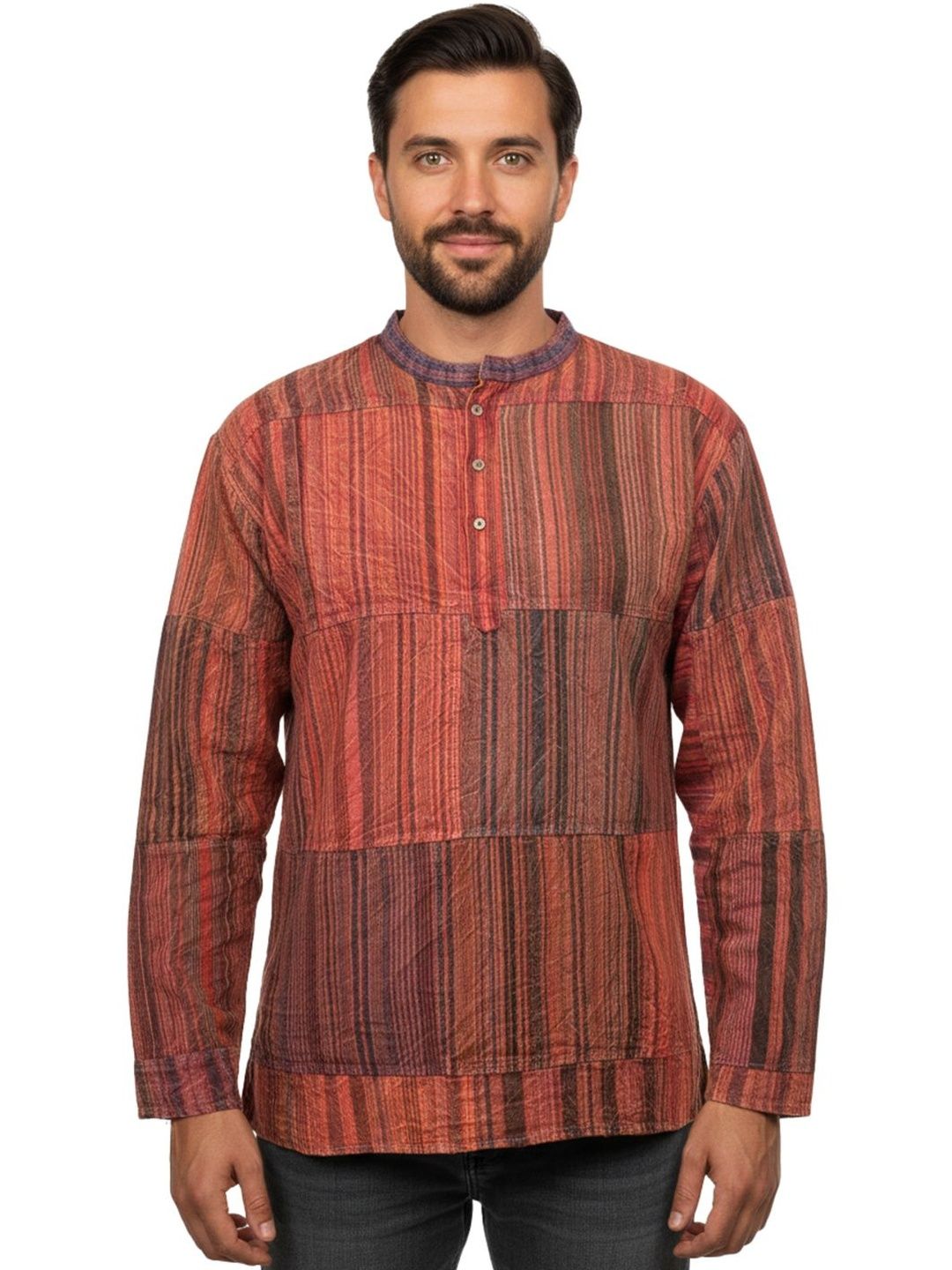 Sanaatani Men Striped Mandarin Collar Cotton Khadi Kurta