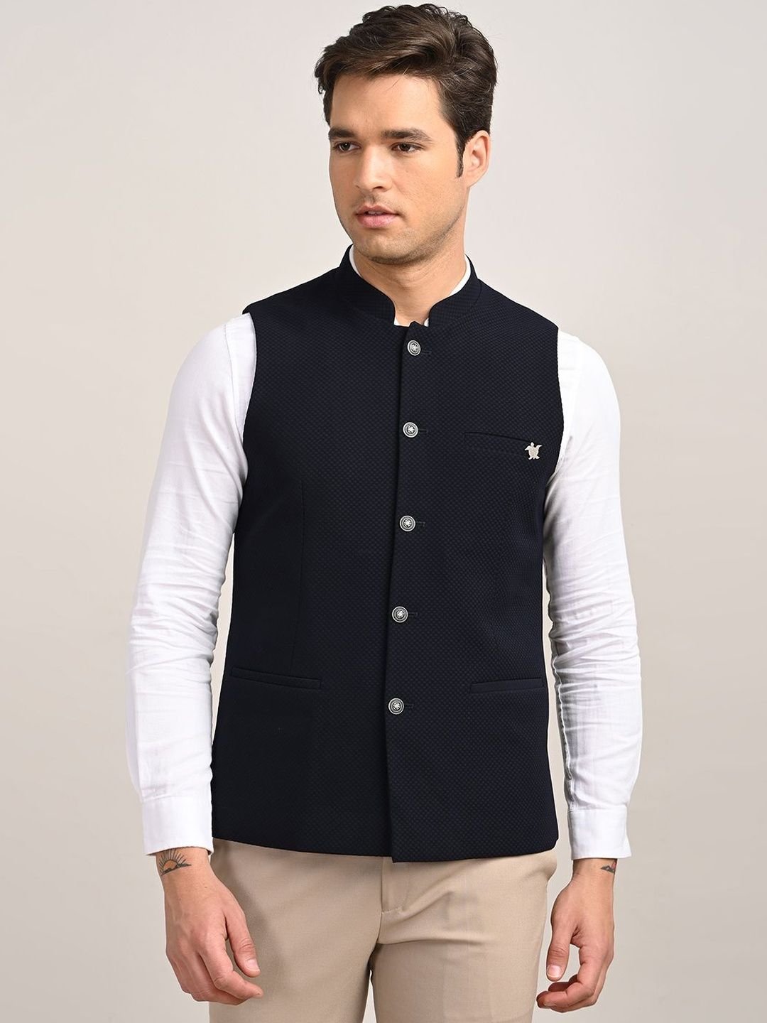 Turtle Mandarin Collar Sleeveless Nehru Jacket