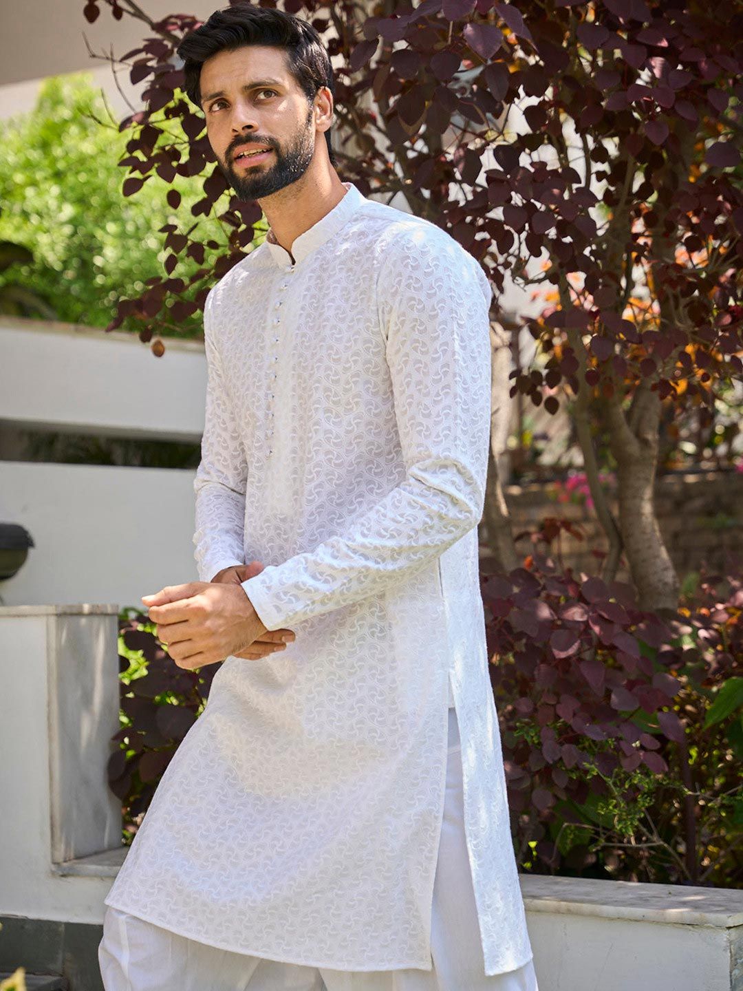 See Designs Men White Geometric Embroidered Regular Pure Cotton Kurta with Pyjamas