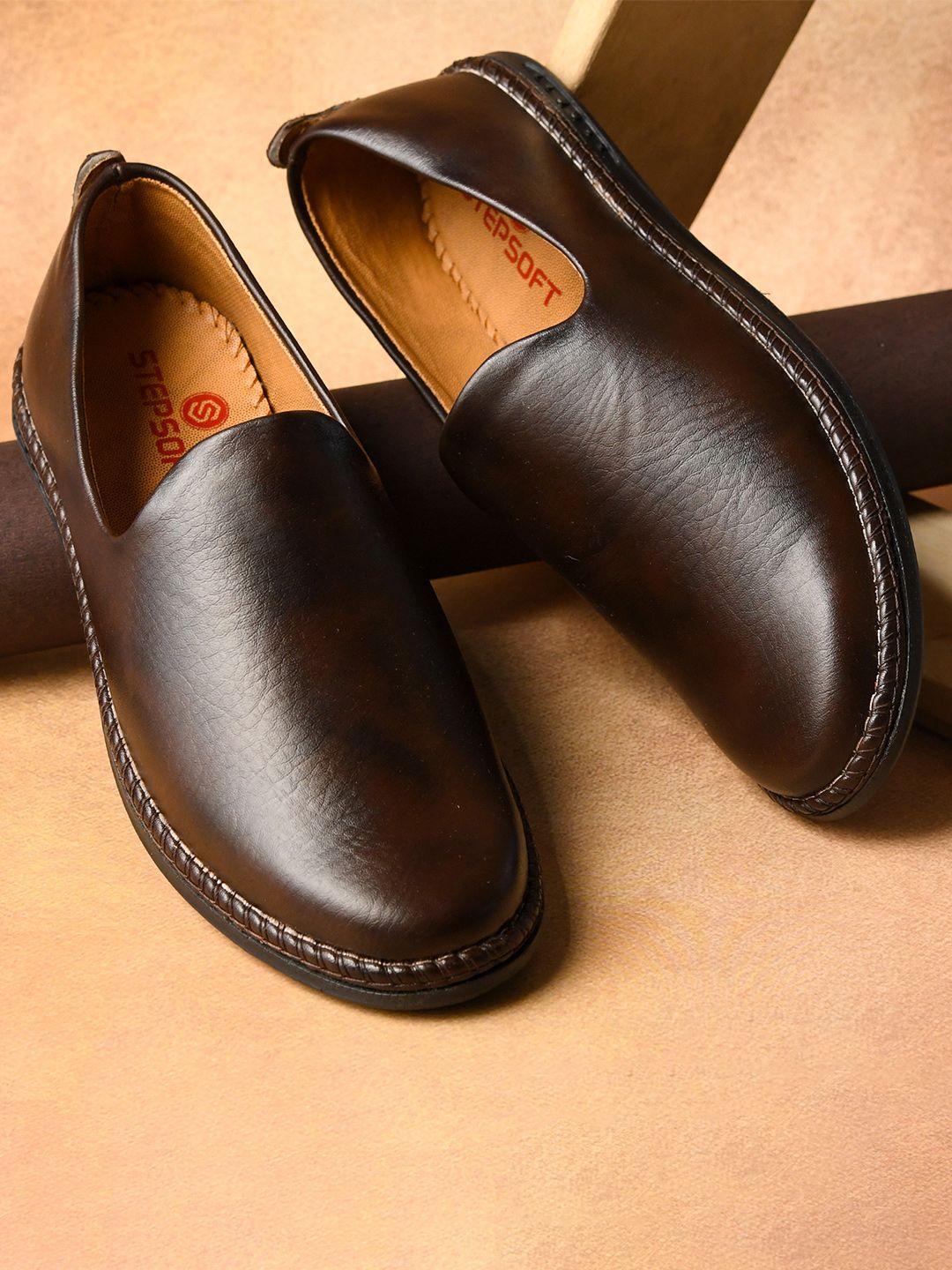 STEPSOFT Men Textured Leather Formal Slip-Ons with Classic Round Toe Comfort
