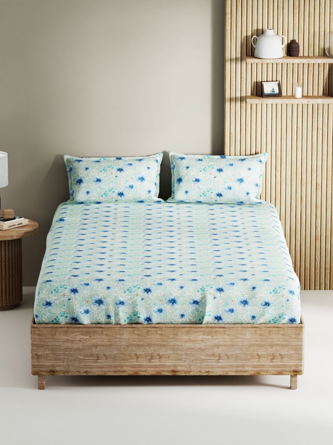 BIANCA BIANCA Blue Floral Double Bedsheet with 2 Pillow Covers