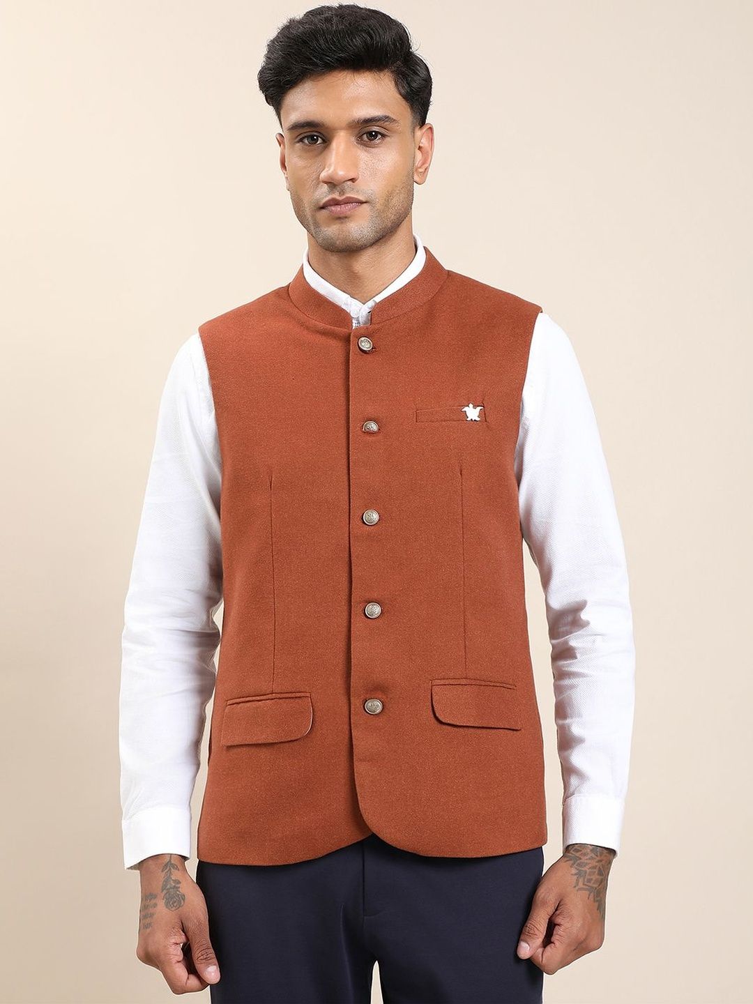 Turtle Mandarin Collar Sleeveless Nehru Jacket