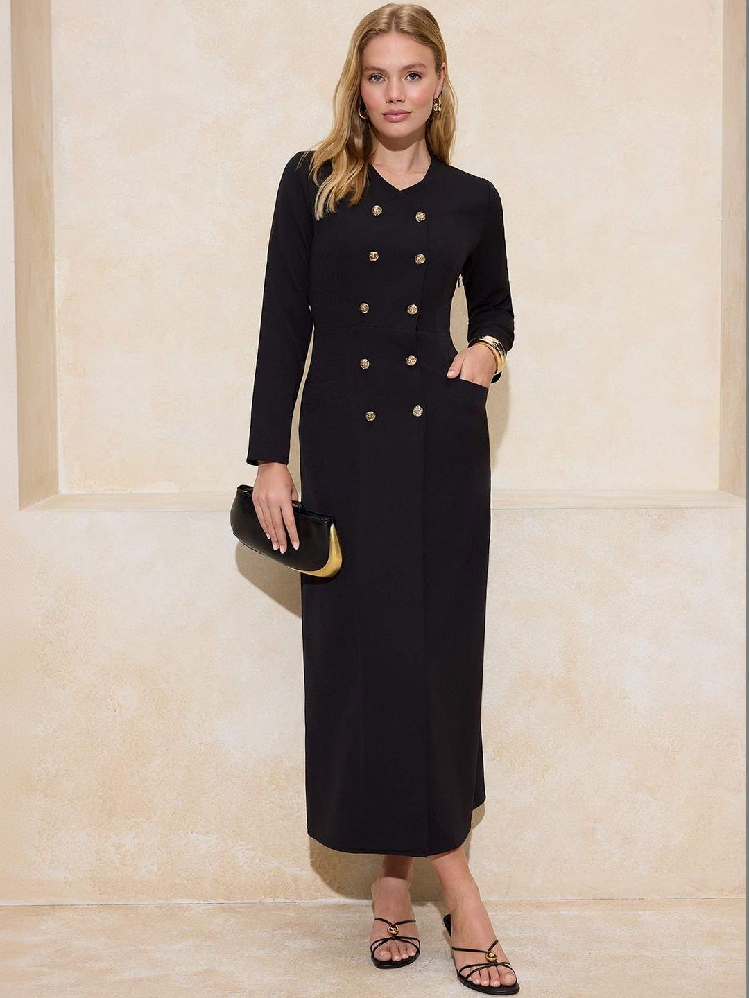 knee length dresses for ladies Coat Style Long Sleeves Dress US 12 / Black