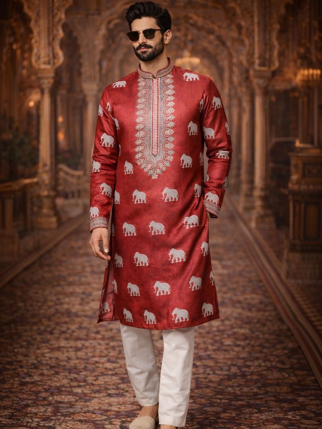 House of Pataudi Printed Mandarin Collar Knee Length Straight Kurta