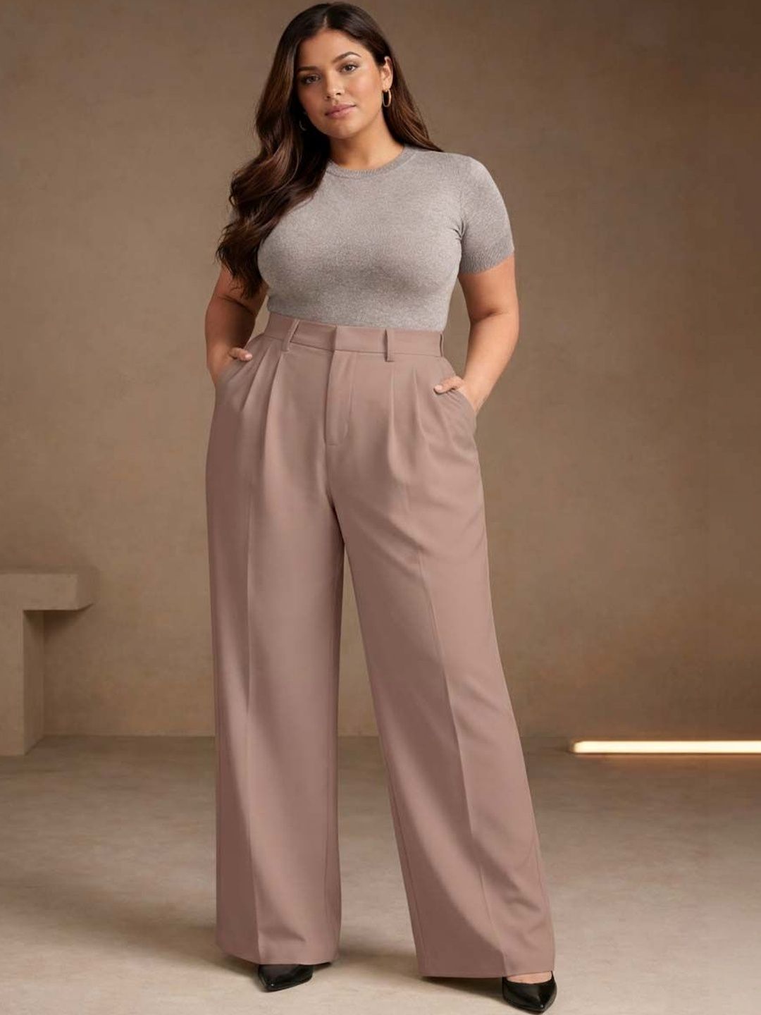 CURVE BY KOTTY Women High-Rise Pleated Trousers