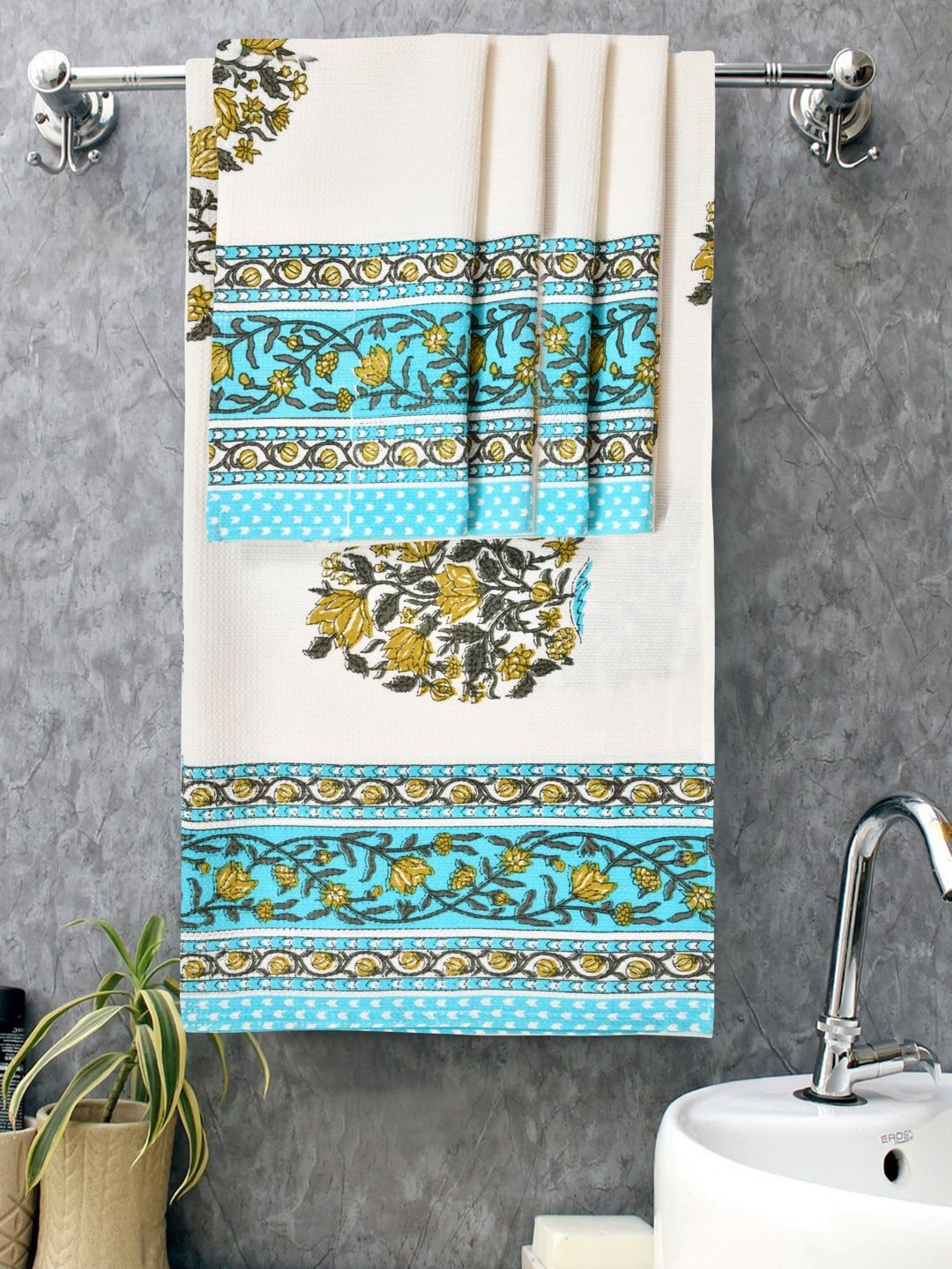 MAFATLAL White & Yellow 5 Piece Printed Cotton 250 GSM Towel Set