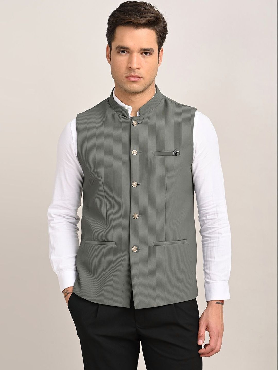 Turtle Mandarin Collar Sleeveless Nehru Jacket