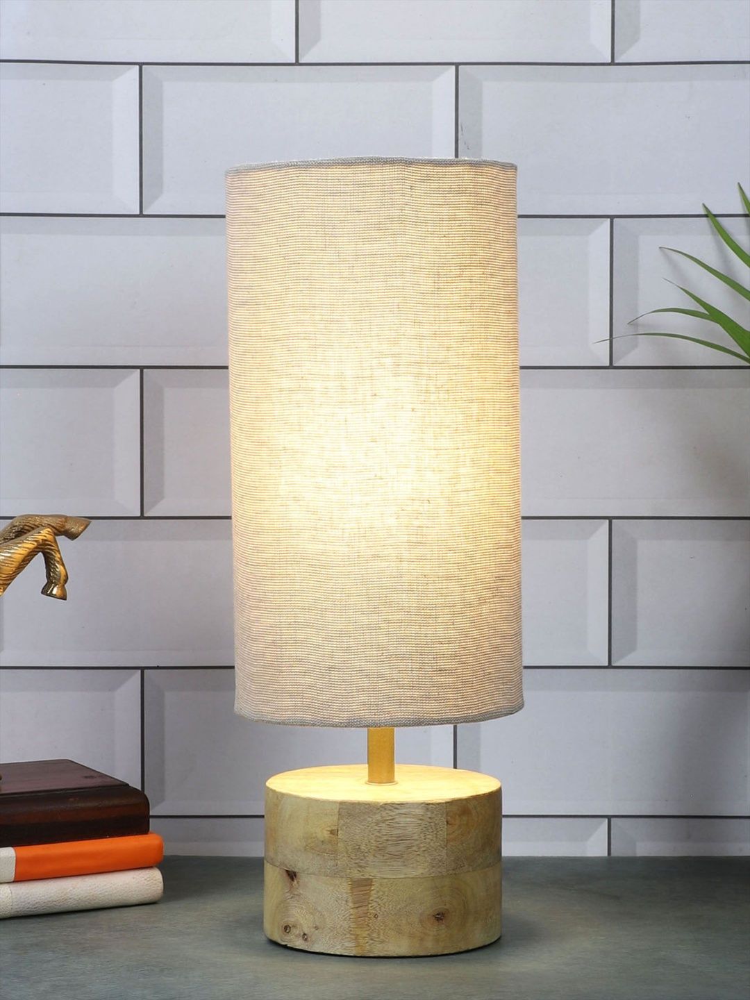 Two Moustaches Multicoloured Textured Wood Cylindrical Shaped Table Lamp