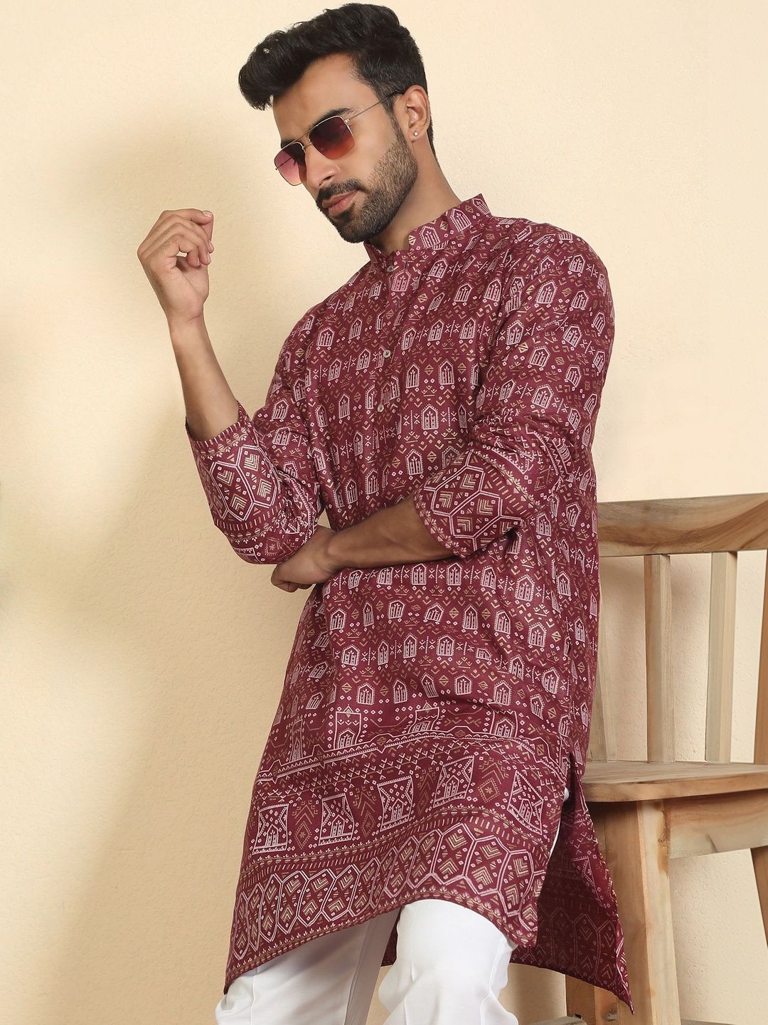KRAFT INDIA Men Ethnic Motifs Printed Mirror Work Kurta
