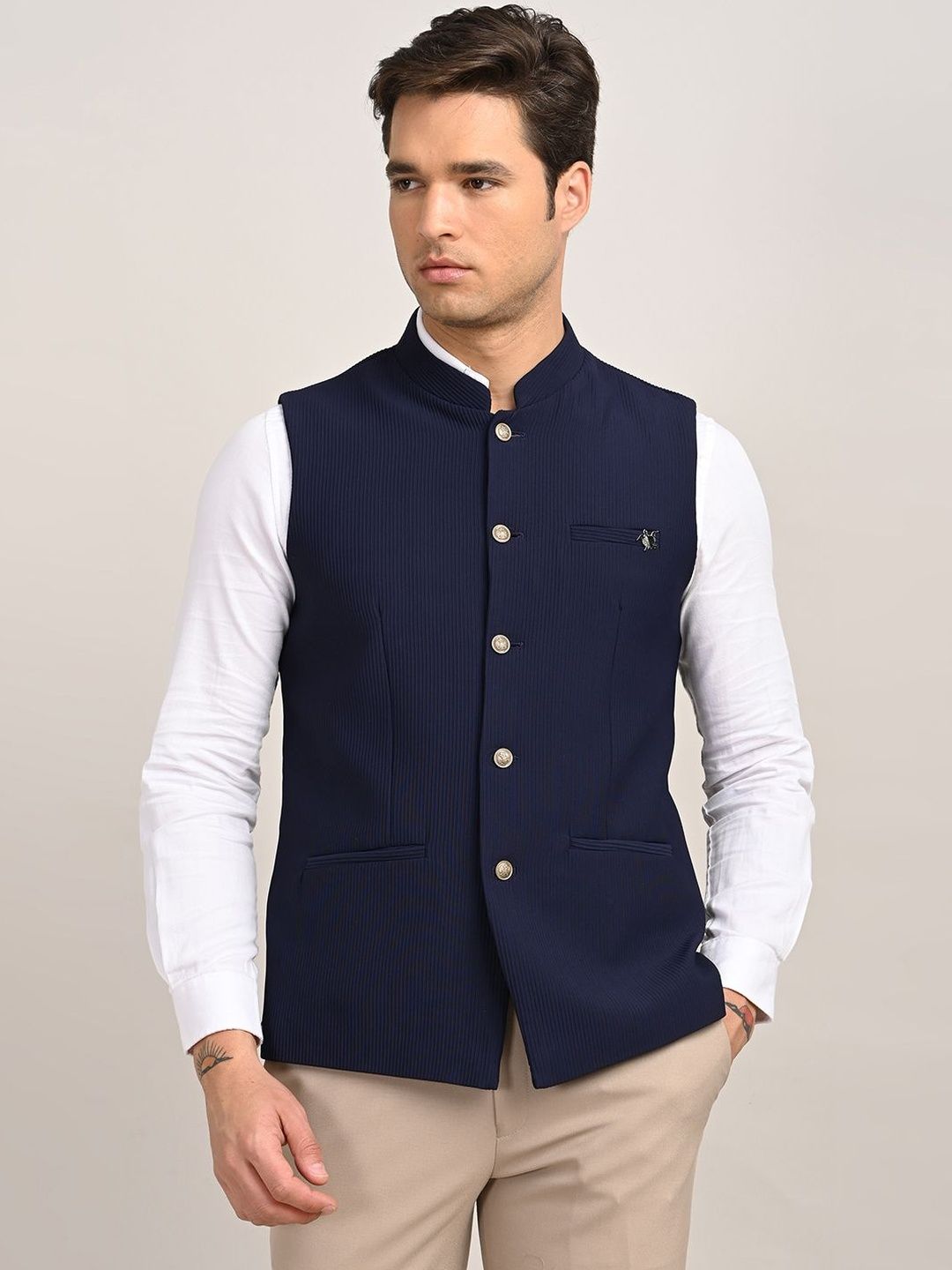 Turtle  Mandarin Collar Sleeveless Nehru Jacket