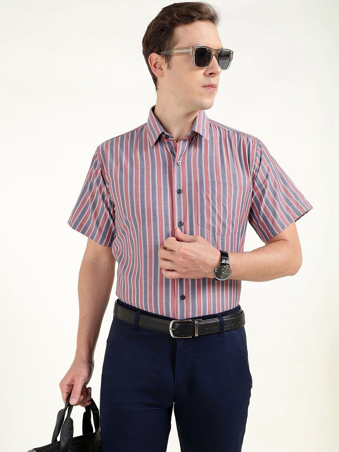 Hancock Men Striped Chambray Slim Fit Pure Cotton Formal Shirt
