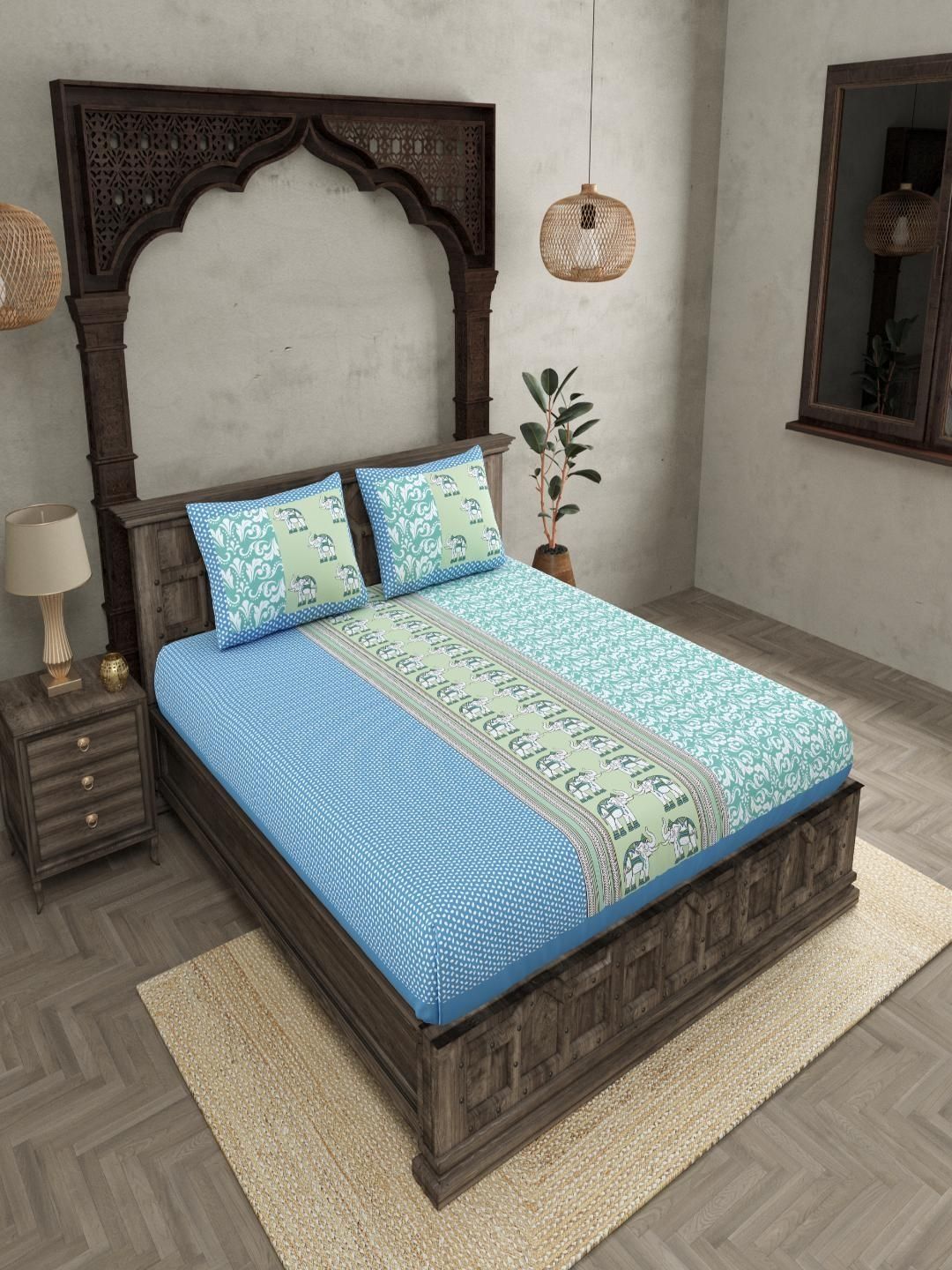 BED-SHEET.COM BED-SHEET.COM Green Double Bedsheet with 2 Pillow Covers