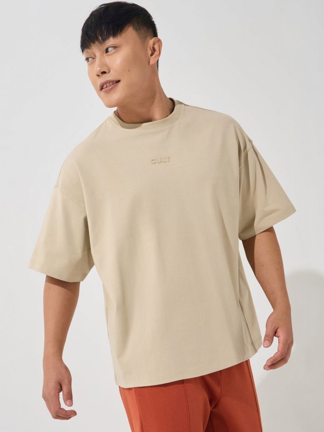 CULT Men Beige Soft Form Oversized T-shirt