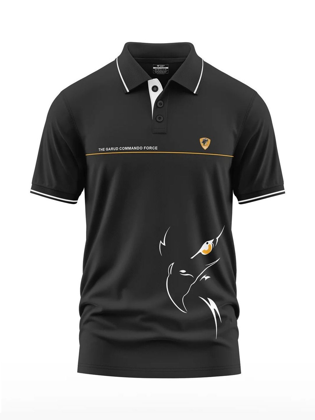 Warrior World Men Black Printed Cotton Polo Collar T-shirt
