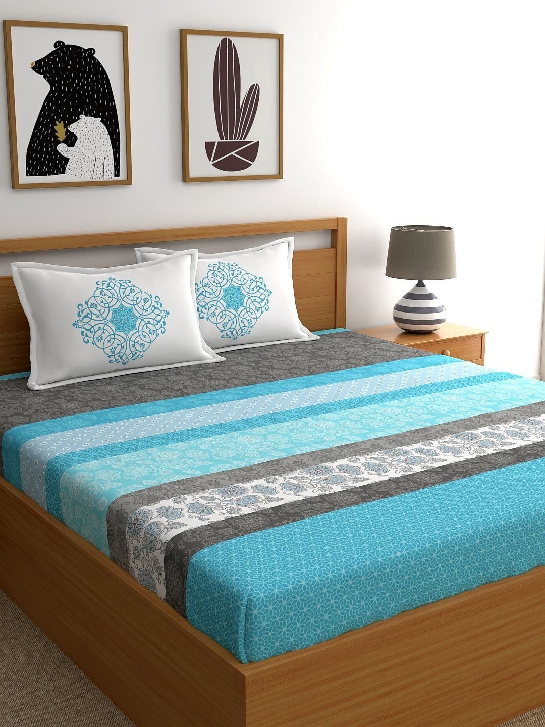 Home Ecstasy Blue Striped 140 TC Bedsheet with 2 Pillow Covers