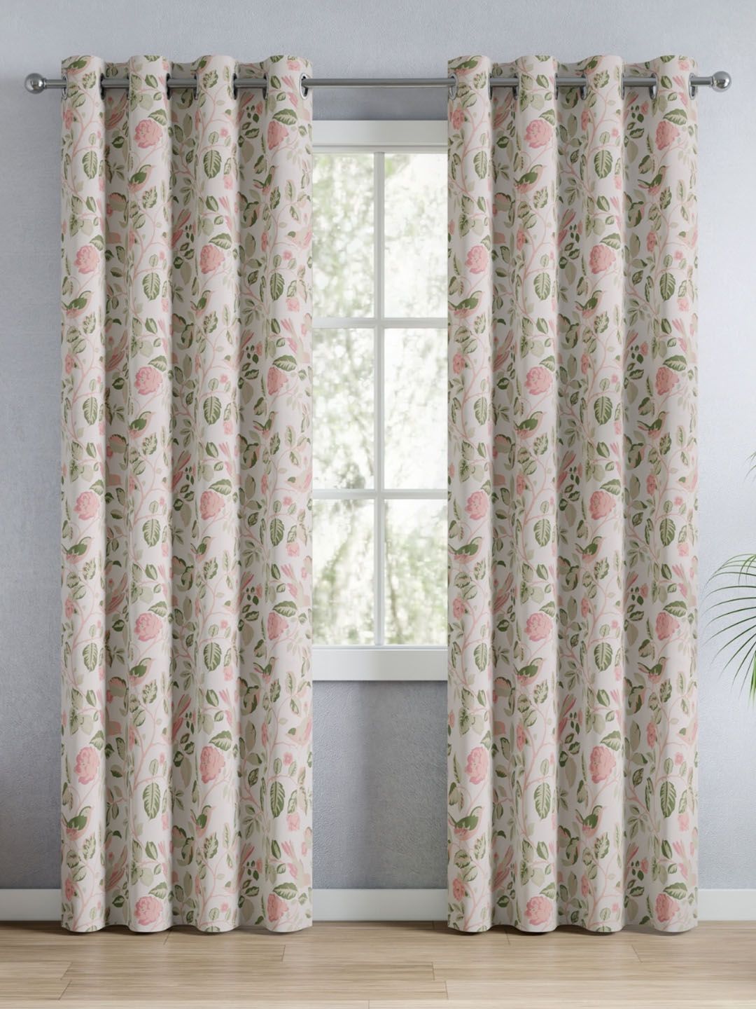 Pastel Aviary haus & kinder White & Pink Set of 2 Floral Room Darkening Door Curtain