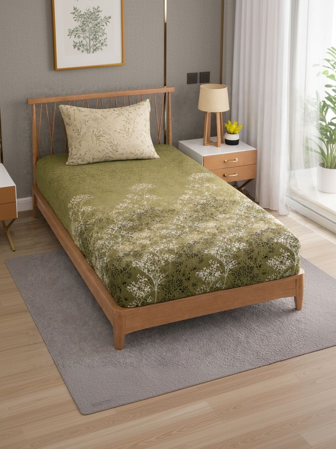 MAFATLAL Green Floral 186 TC Single Bedsheet with 1 Pillow Covers