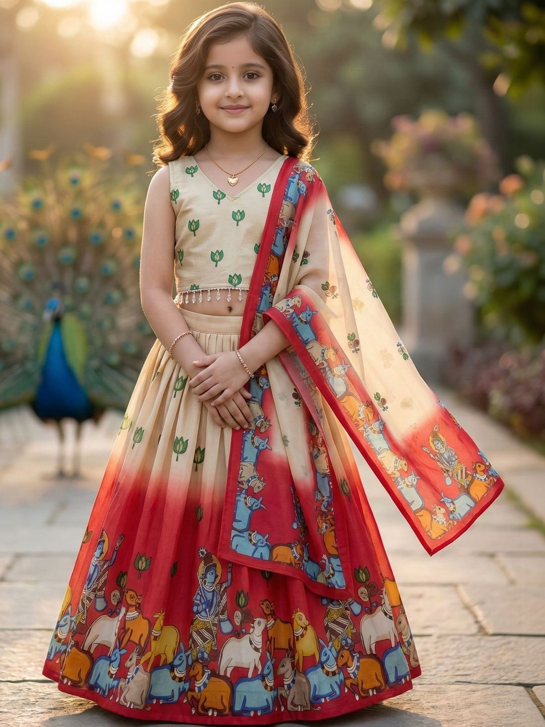 KALINI Kids Ombre Printed Cow & Lotus Motif Printed Ready to Wear Ethnic Lehenga Choli