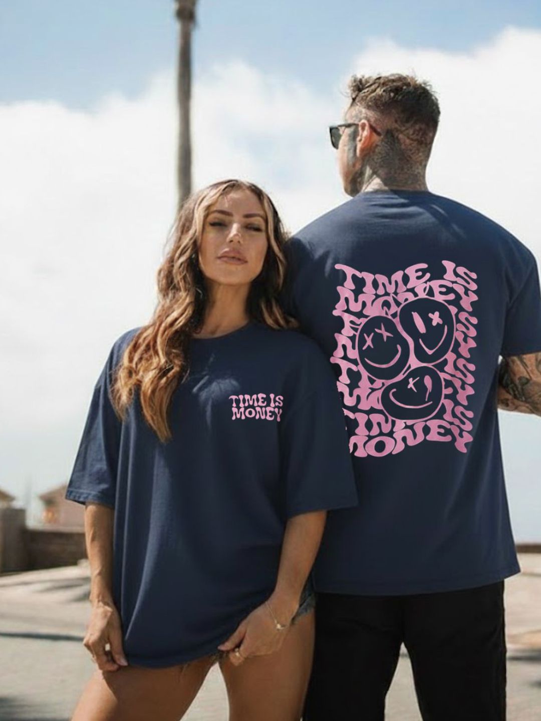 Rigo Unisex Navy Blue Round Neck Cotton Typography Printed Drop Shoulder Oversized T-shirt