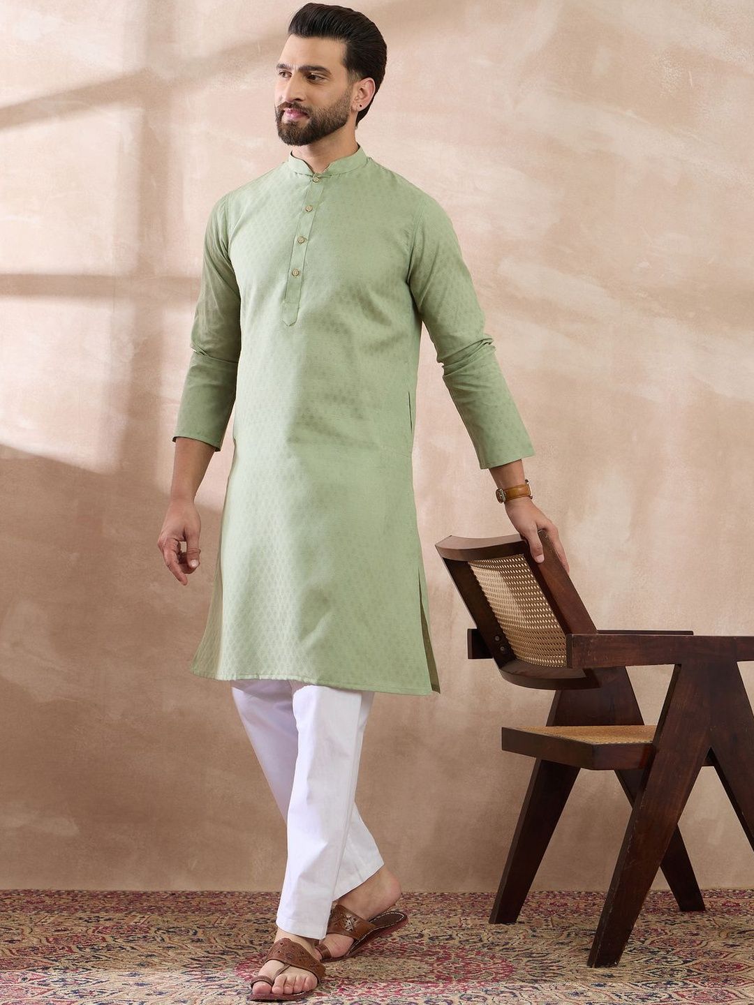 Styli Men Green Textured Mandarin Collar Ethnic Kurta