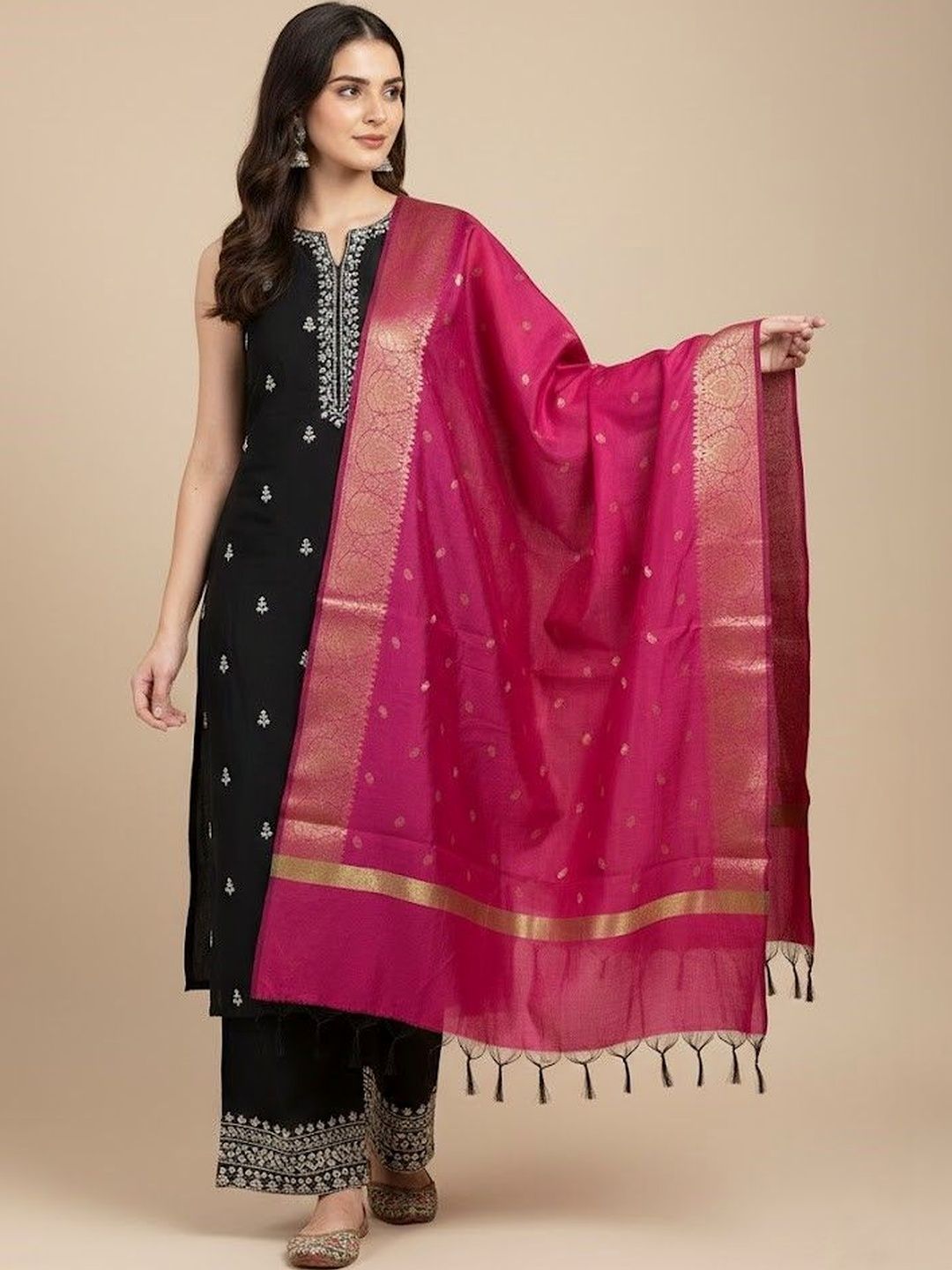 MUFFLY Ethnic Motifs Woven Design Dupatta with Zari
