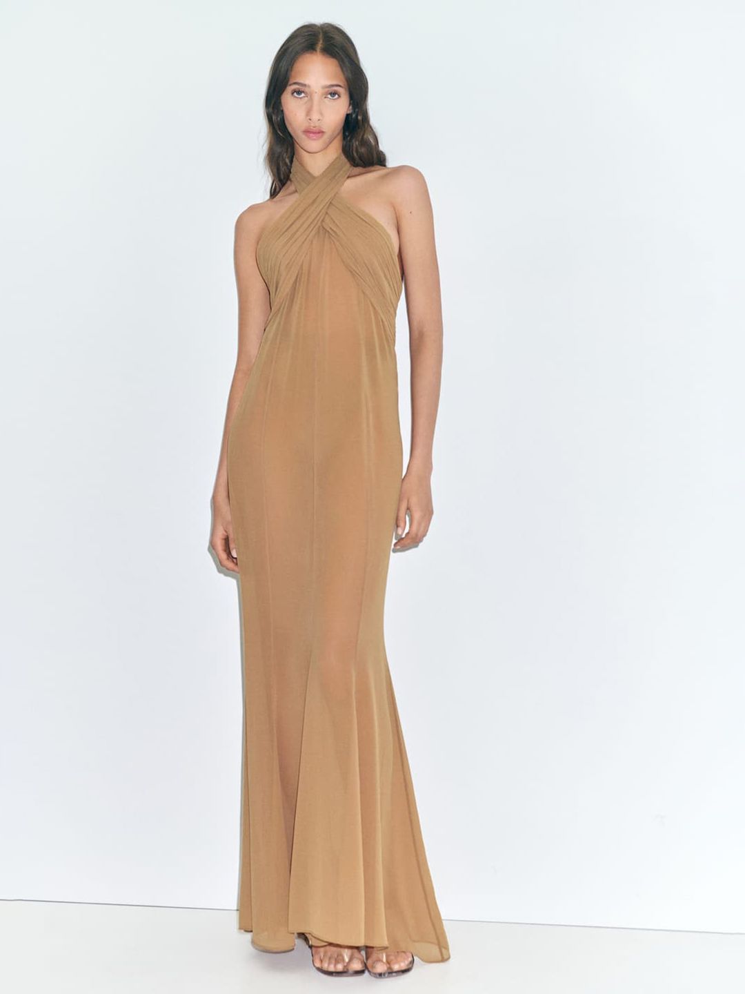 Panelled Halter Neck Semi Sheer Maxi Dress
