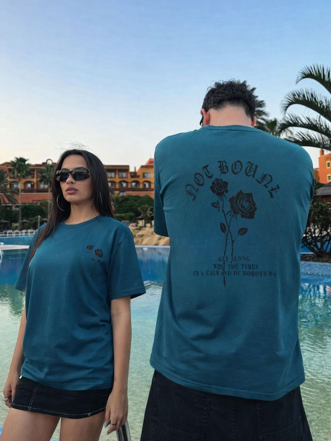 Rigo Unisex Teal Round Neck Cotton Printed Drop Shoulder Oversized T-shirt