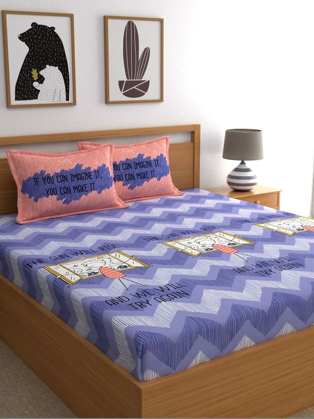 Home Ecstasy Violet Graphic 210 TC King Bedsheet with 2 Pillow Covers