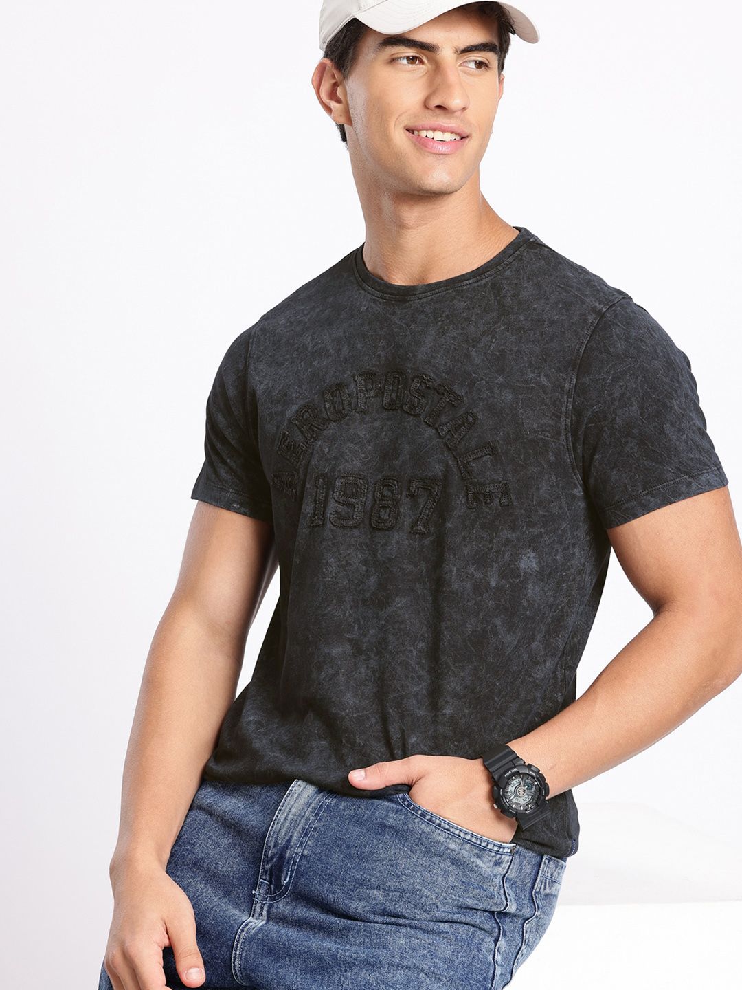 Aeropostale Brand Logo Washed Pure Cotton Applique T-shirt